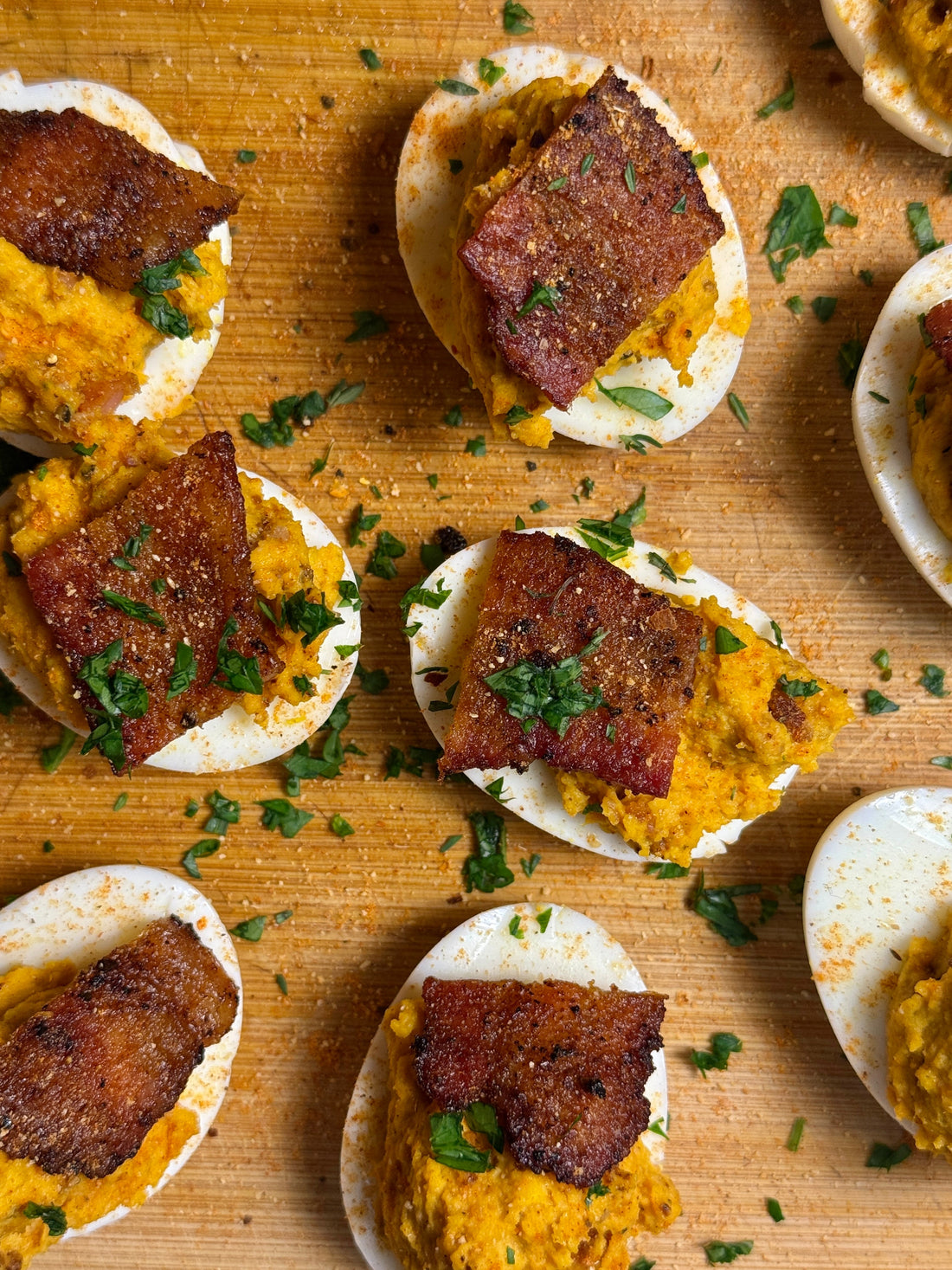Sweet Potato Deviled Eggs with BBQ Bacon