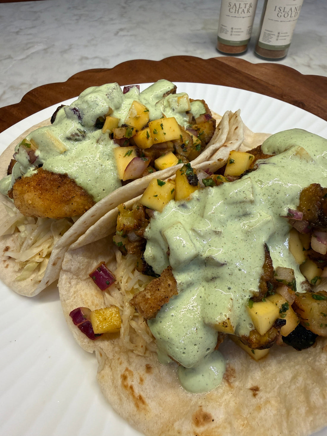 Crispy Cod Tacos with Maduros & Mango Salsa and Cilantro-Lime Crema