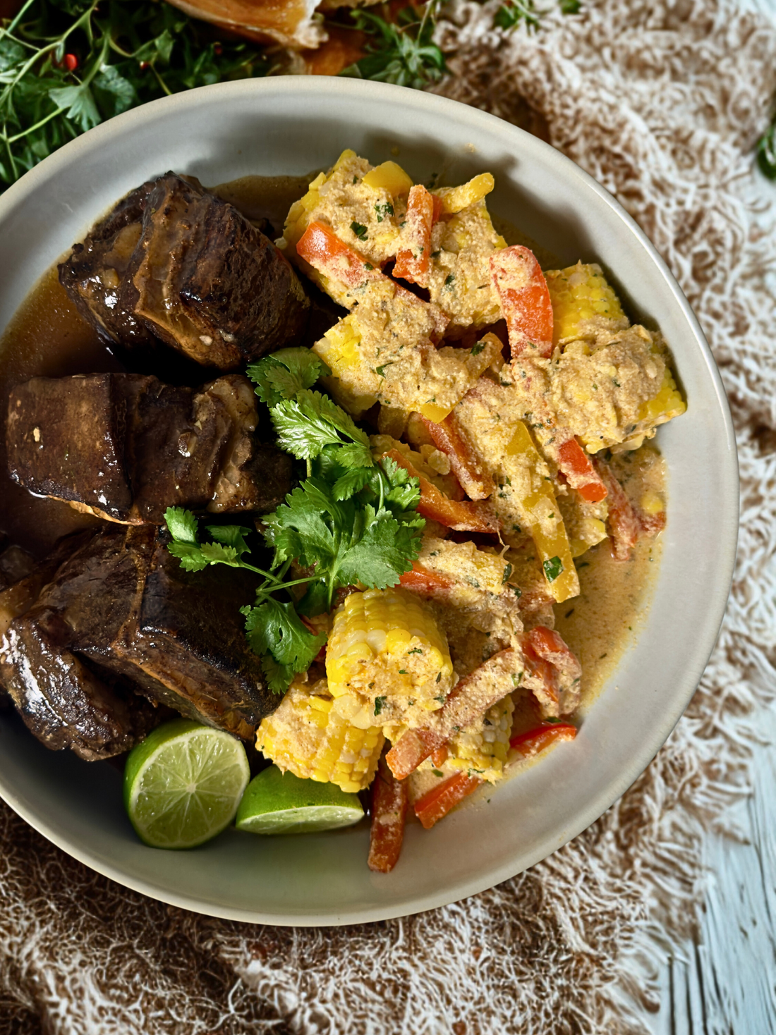 Honey Jerk Short Rib with Coconut Creamed Corn and Peppers